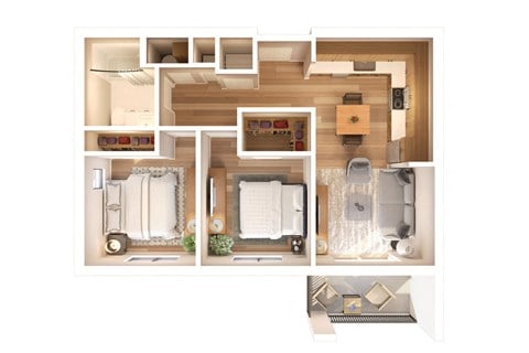 Floor plan for 2 beds, 1 bath, 717 sqft